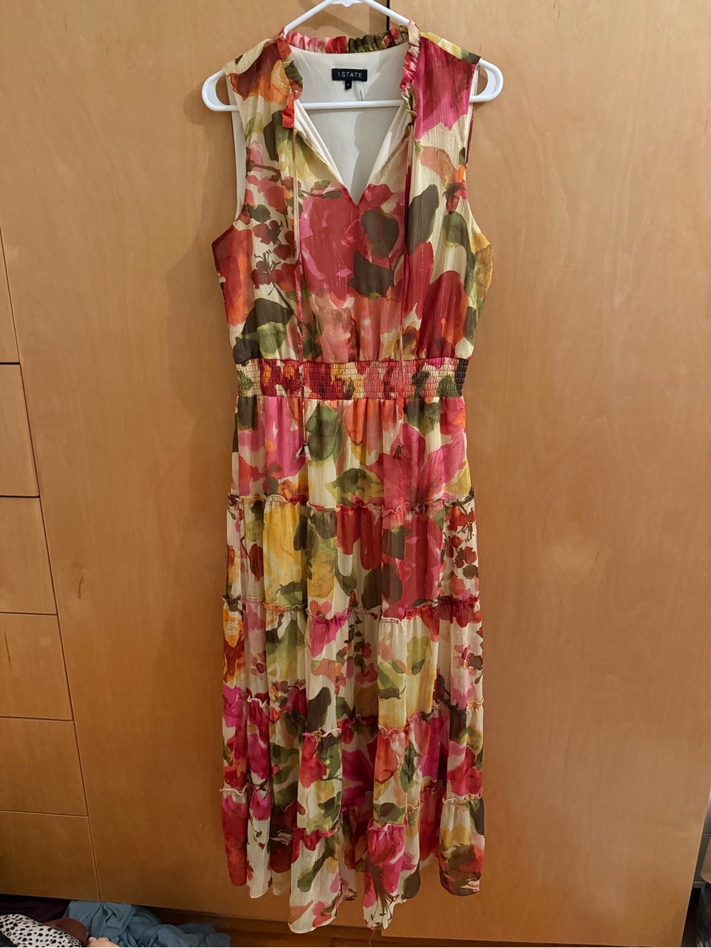 1. State Sleeveless Floral Tiered Maxi Dress in Pink, Green and Yellow